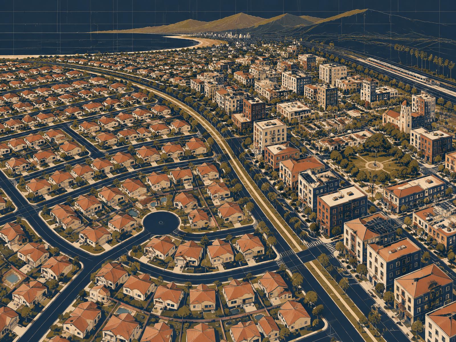 Illustrated aerial view of Orange County tract housing meeting a denser walkable neighborhood