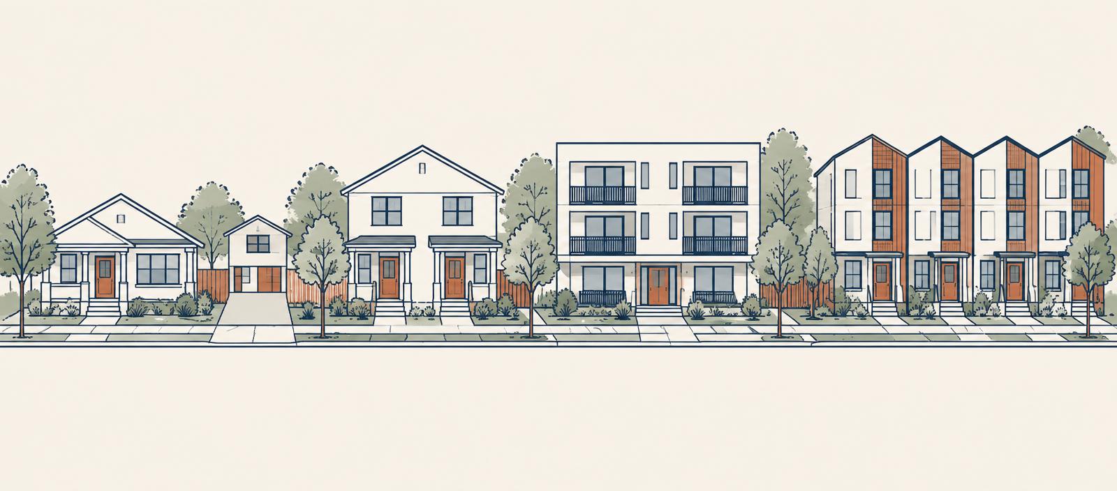 Drawing of one street: a single family house, a house with a backyard unit, a duplex, a small apartment building, and townhomes